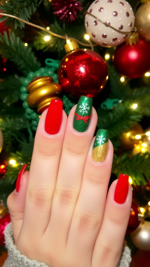 Christmas Nail Art Designs Christmas-themed nail art with red and green polish, snowflakes, and glitter.
